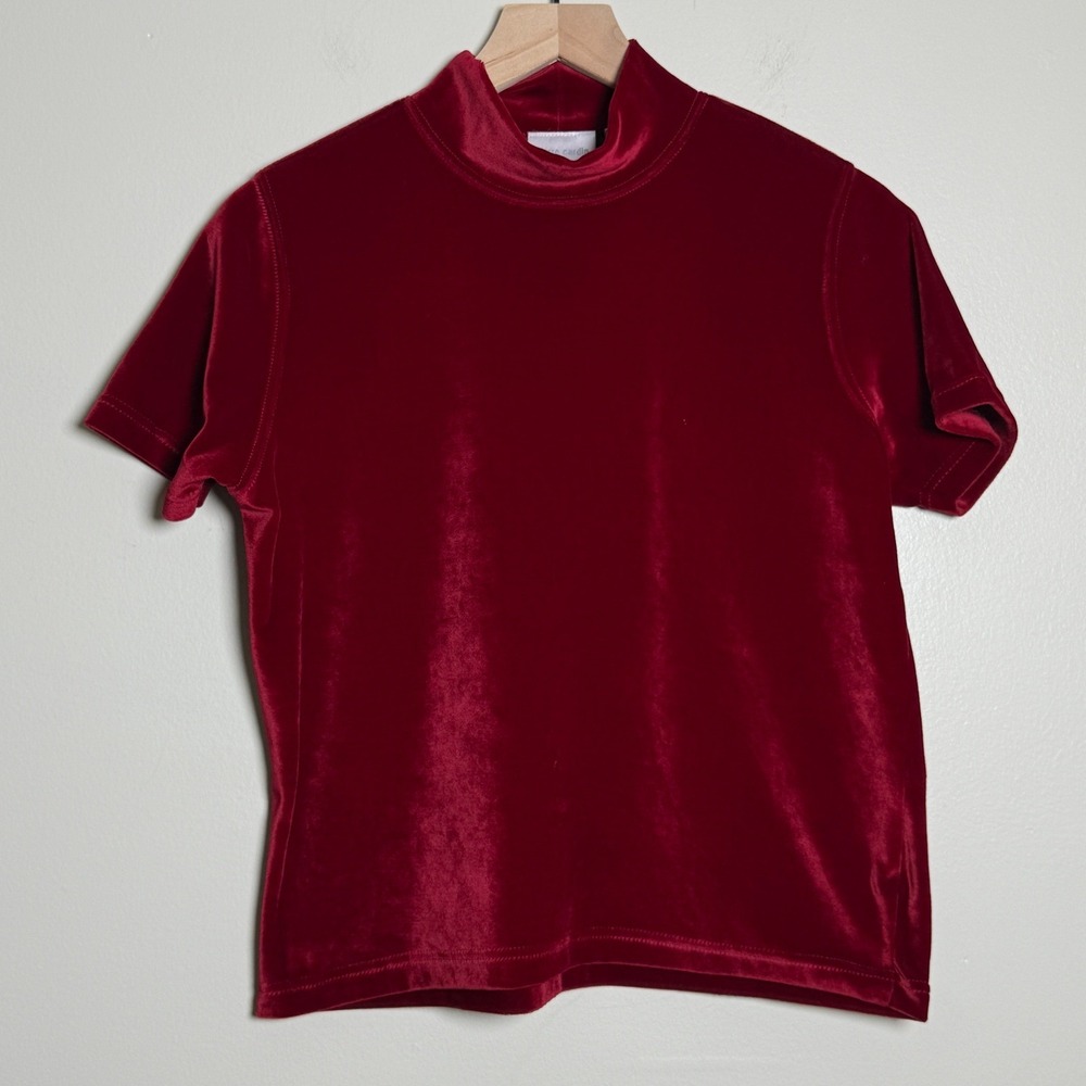 Pierre Cardin VTG Red Velvet Mock Neck Short Sleeve Top L Petite Romantic